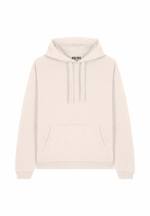 Felpa leggera color beige realizzata in tessuto morbido, con tasca frontale, cappuccio con cordino, polsini a costine e un'etichetta con logo all'interno del colletto.