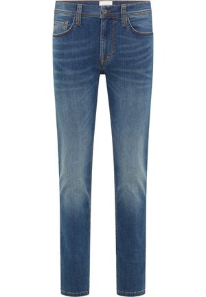 Jeans din denim albastru cu o croială dreaptă, având decolorări subtile, cinci buzunare și cusături contrastante. Împletit dens, cu o textură netedă.