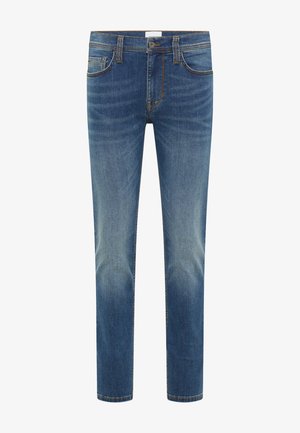 Jeans din denim albastru cu o croială dreaptă, având decolorări subtile, cinci buzunare și cusături contrastante. Împletit dens, cu o textură netedă.