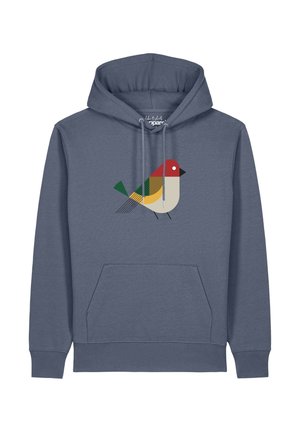 Blauer Kapuzenpullover mit Fronttasche und Kordeln, mit einem stilisierten Vogeldesign in Rot, Grün, Gelb, Beige und Schwarz auf der Brust.