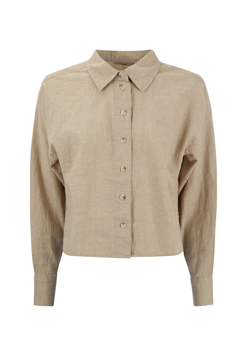 Beige Leinenhemd mit einem Kragen-Design, vorderem Knopfverschluss, langen Ärmeln und einer lässigen Passform. Das strukturierte Material sorgt für optisches Interesse.