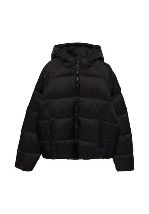 Schwarze Daunenjacke mit Kapuze, ausgestattet mit einer gesteppten Textur, einem Reißverschluss vorne und zwei seitlichen Reißverschlusstaschen. Verkürzte Länge.