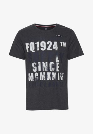 Trumpas rankovėmis, apvaliu iškirpimu marškinėliai tamsiai pilkos spalvos, pagaminti iš medvilnės, su baltais ir tamsiai mėlynais grafikos tekstais, turintys laisvą siluetą ir minimalias dizaino detales.