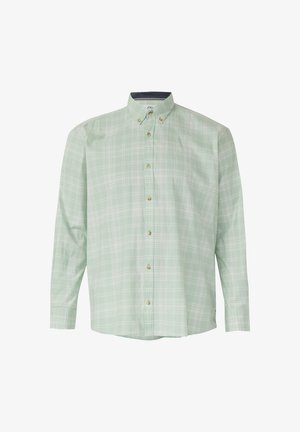 Hellgrünes langärmeliges Hemd mit kariertem Muster aus weißen und dunkleren grünen Linien, Button-Down-Kragen und Vorderknöpfen.