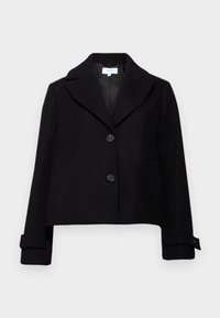 Černá krátká bunda s klopovým límcem, dvěma knoflíky vpředu a ohrnutými rukávy. Vyrobena z texturované látky s hladkou vnitřní podšívkou.