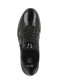 Schwarze Lack-Sneaker mit abgerundetem Zehenbereich, Schnürdesign und strukturiertem Obermaterial. Mit schwarzen Schnürsenkeln und gepolsterten Einlegesohlen.
