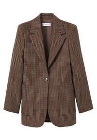Blazer de cuadros marrón con solapas en pico, cierre de botón único y dos bolsillos frontales. Textura suave con una silueta semisuelta.