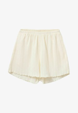 Helle Cremeshorts mit einem strukturierten vertikalen Streifenmuster, ausgestattet mit einem elastischen Bund und einem geschwungenen Saum. Weicher, leichter Stoff.