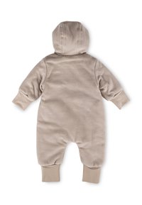 Beige infant jumpsuit with a hood, long sleeves, and elastic cuffs. Soft fabric with minimal seams and a simple, functional design.