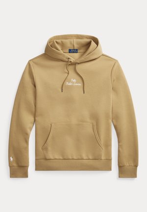 Sweat à capuche marron clair avec poche avant, cordons, et logo "Polo Ralph Lauren" brodé sur la poitrine et la manche.