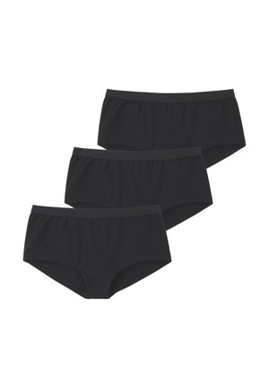 Drei schwarze nahtlose Hipster-Unterhosen für Damen, übereinander gestapelt auf weißem Hintergrund.