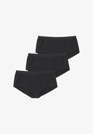 Drei schwarze nahtlose Hipster-Unterhosen für Damen, übereinander gestapelt auf weißem Hintergrund.