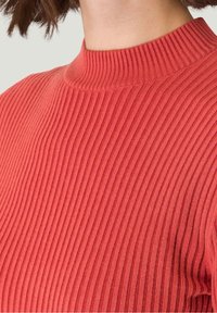 Pull à col montant côtelé en rouge-orangé. Il présente un motif de tricot texturé et une silhouette ajustée, fabriqué en tissu doux.