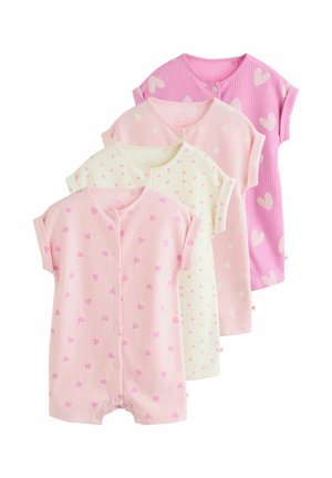 Vier kurzärmelige Baby-Strampler in Rosa und Creme mit gerippter Textur und Herz- oder Punktmustern, überlappend auf einem weißen Hintergrund angeordnet.