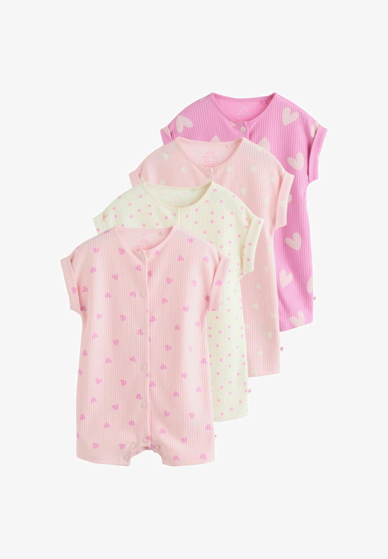 Quatre grenouillères pour bébé à manches courtes, en rose et crème, avec une texture côtelée et des motifs de cœurs ou de points, disposées en chevauchement sur un fond blanc.