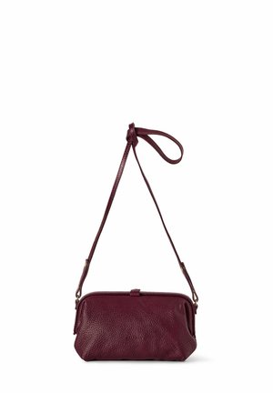 Borsa a tracolla in pelle bordeaux con finitura texturizzata, chiusura con zip e tracolla regolabile, caratterizzata da una forma rettangolare compatta.