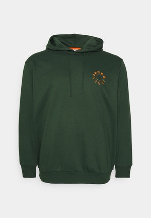 Sudadera con capucha verde hecha de una tela suave. Cuenta con un bolsillo tipo canguro, capucha con cordón ajustable y un logo naranja en el pecho izquierdo.
