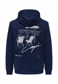 Navyblaues Hoodie mit einem weißen Umrissdesign von zwei Stühlen, einem Tisch und einem Sonnenschirm, mit "Capri" und künstlerischen Unterschriften darunter.