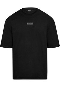 Black short-sleeve t-shirt made of cotton, featuring a rounded neckline and a small rectangular branding patch on the chest.
