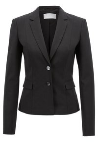Black blazer made of smooth fabric with a tailored fit. Features a single row of two buttons, notched lapels, and two side pockets.