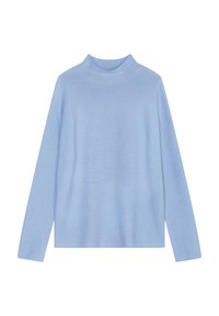 Hellblauer Pullover mit hohem Kragen, langen Ärmeln und lockerer Passform, aus einem weichen Strickmaterial mit glatter Textur gefertigt.
