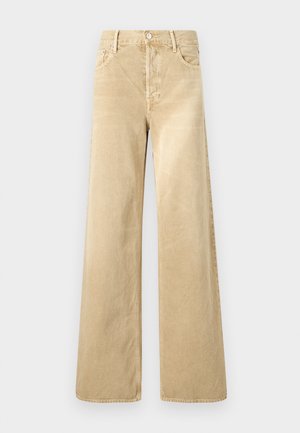 Beige vidbenet bukser i kordfløjl med en glat tekstur, der har knaplukning og klassisk design med fem lommer.