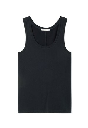 Czarny top na ramiączkach wykonany z miękkiej bawełny, z klasycznym dekoltem w serek i szerokimi ramiączkami, o prostym, bezszwowym designie.