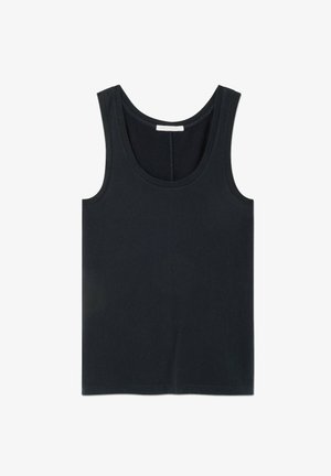 Black tank top made from soft cotton, featuring a classic scoop neckline and wide shoulder straps, with a simple, seamless design.