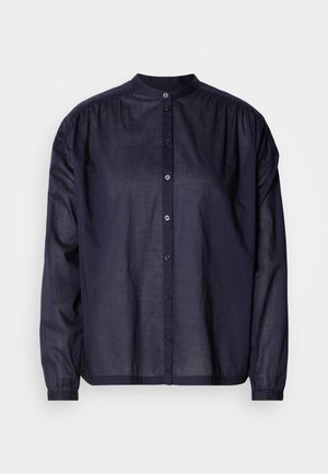 Dark blue button-up shirt with a rounded collar, long sleeves, gathered shoulder seams, and front button closure, made from lightweight fabric.
