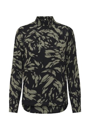 Black blouse with green abstract floral pattern, high-neck ruffle, long sleeves, and a curved hemline, made from lightweight fabric.