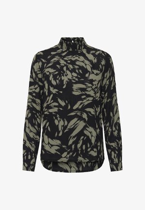 Black blouse with green abstract floral pattern, high-neck ruffle, long sleeves, and a curved hemline, made from lightweight fabric.