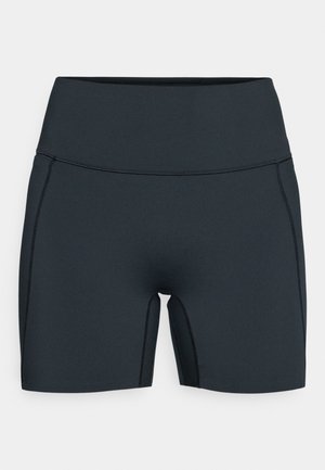 Black athletic shorts made of stretchy fabric, featuring a high waistband, side seams, and a sleek design for comfort and mobility.