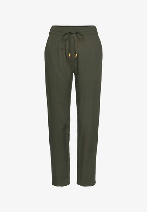 Pantaloni affusolati verde oliva realizzati in un tessuto leggero, con vita elastica e coulisse e dettagli in tonalità dorata.