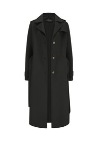 Schwarzer Mantel aus strukturiertem Stoff, ausgestattet mit einem Reverskragen, vier vorderen Knöpfen und umgeschlagenen Ärmeln für eine lässige Passform.