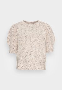 Sweter dzianinowy w kolorze kremowym z kolorowymi flekami. Okrągły dekolt, krótkie bufiaste rękawy i ribbowany dół. Teksturowana tkanina o miękkim wyglądzie.