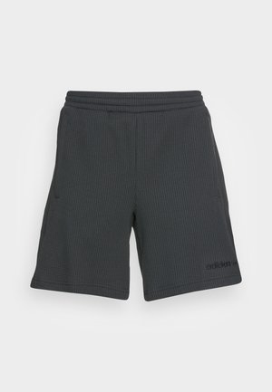 Shorts de sport gris foncé en tissu texturé, dotés d'une taille élastique et de poches latérales. Logo Adidas noir à l'avant.
