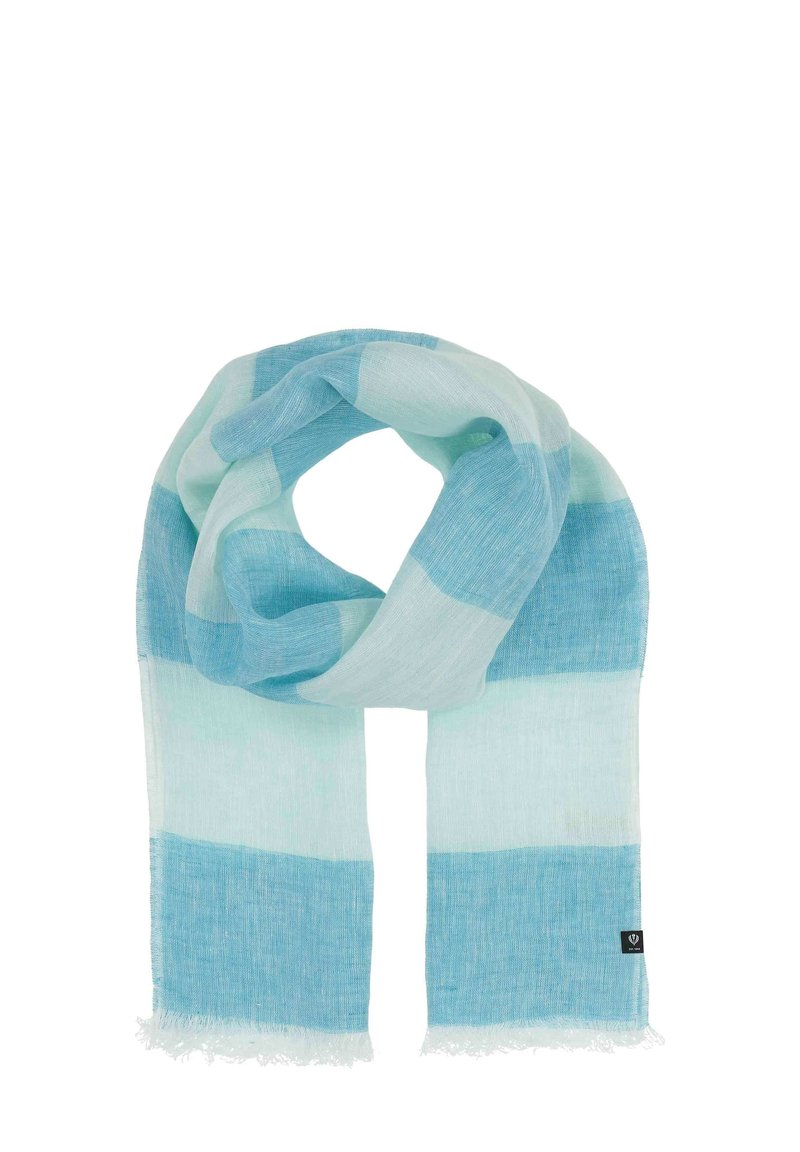 Bufanda ligera con rayas alternas en azul y aqua. Fabricada en material suave con bordes deshilachados. Incluye un pequeño detalle de etiqueta negra.
