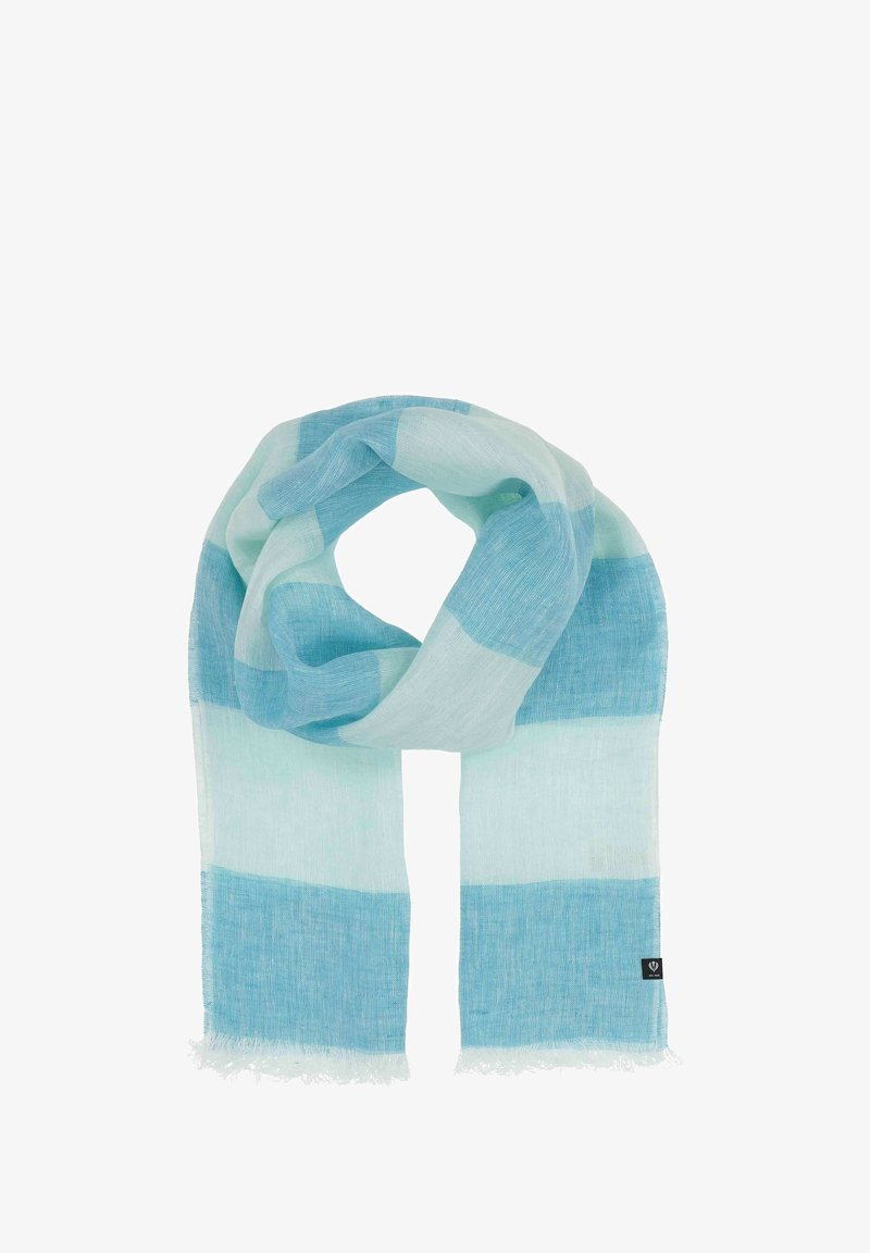 Lichte sjaal met afwisselend blauwe en aqua strepen. Gemaakt van zacht materiaal met rafelige randen. Inclusief een klein zwart labeldetail.