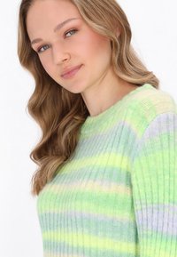 Strickpullover in Pastellgrün mit horizontalen Streifen in Gelb und Lila. Verfügt über einen Rundhalskragen und eine gerippte Textur. Weich und leicht.