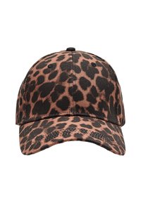 Brun og sort leopardmønstrede kasket med en struktureret design, buet skygge og tekstureret stof. Justerbar rem bagpå.