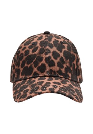 Brun og sort leopardmønstrede kasket med en struktureret design, buet skygge og tekstureret stof. Justerbar rem bagpå.
