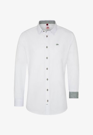 Long-sleeve shirt in white cotton, featuring a grey accent on the cuffs, brown buttons with decorative details, and a green logo on the chest.