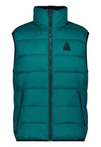 Teal puffer-väst med hög krage, framzip och två dragkedjefickor. Har en vadderad design och en triangel-logotyp på bröstet.