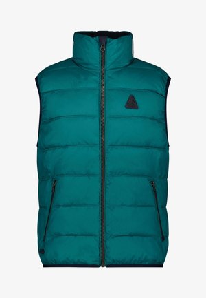 Gilet rembourré teal avec col montant, fermeture éclair sur le devant et deux poches zippées. Il présente un design matelassé et un logo en triangle sur la poitrine.