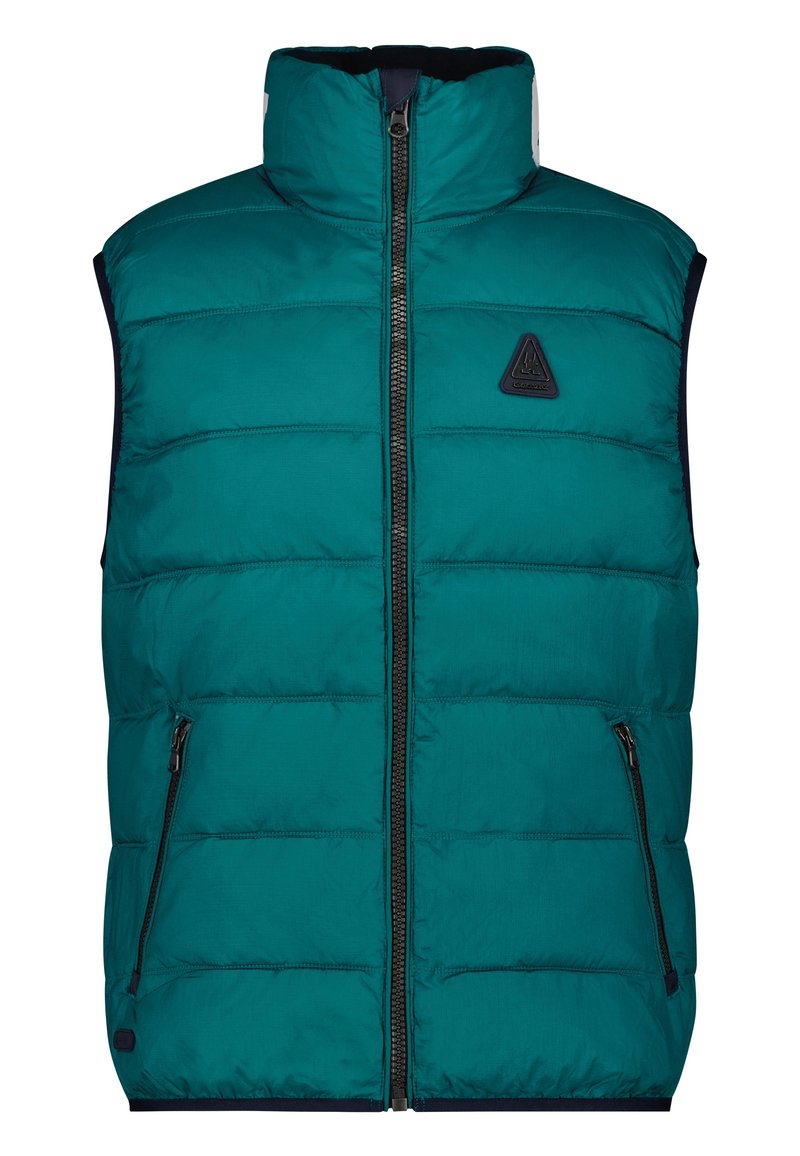 Teal puffer-väst med hög krage, framzip och två dragkedjefickor. Har en vadderad design och en triangel-logotyp på bröstet.