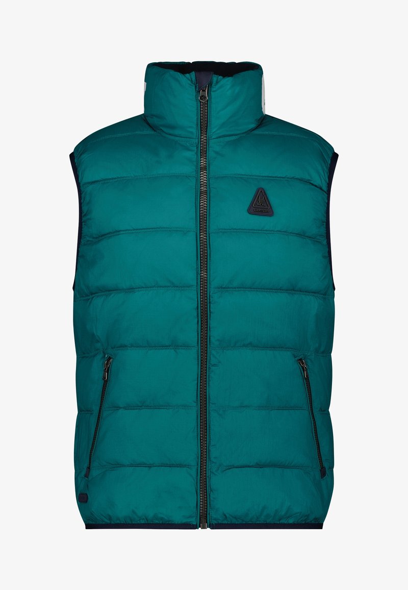 Teal puffer-väst med hög krage, framzip och två dragkedjefickor. Har en vadderad design och en triangel-logotyp på bröstet.