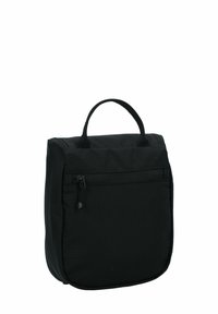 Mochila de nylon negra con forma rectangular, asa superior y un bolsillo frontal con cremallera. Presenta una textura suave y un diseño minimalista.