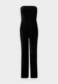 Svart, axelbandslös byxdress med en figurnära kropp, rak bendesign och subtil lyster. Har framfickor och knappstängning.