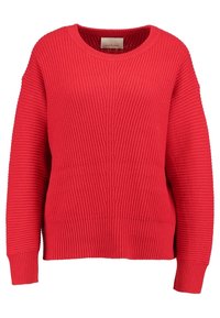 Red knitted sweater featuring a ribbed texture, round neckline, and dropped shoulders, with an overall loose fit and straight hem.