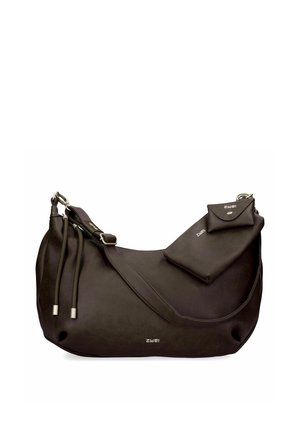 Schwarze Leder-Schultertasche mit verstellbarem Riemen, zwei angebrachten kleinen Täschchen und silberfarbenen Metallakzenten.